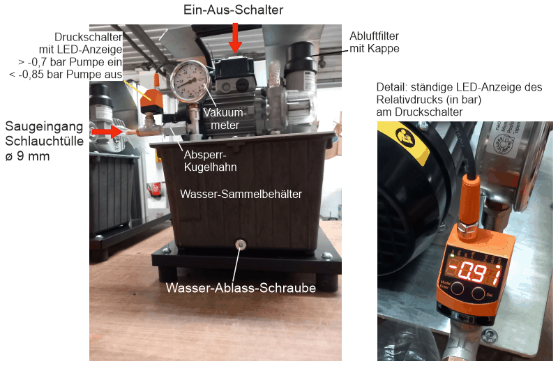 Kleine Vakuumanlage für feuchte Luft  mit Drucksteuerung